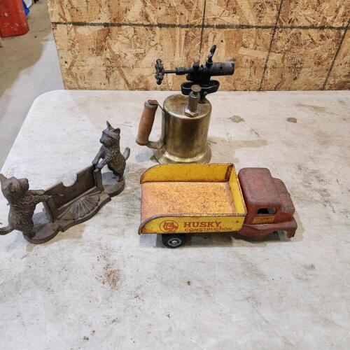 Blow torch, cast card holder, vintage truck missing wheel