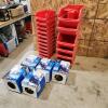 Various sized plastic bins, flood light bulbs