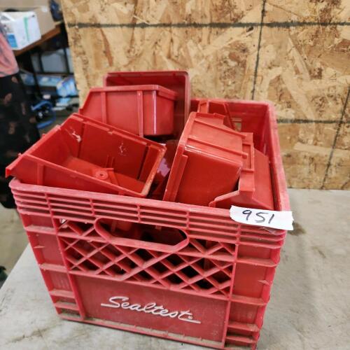 Various sized plastic bins & milk crate