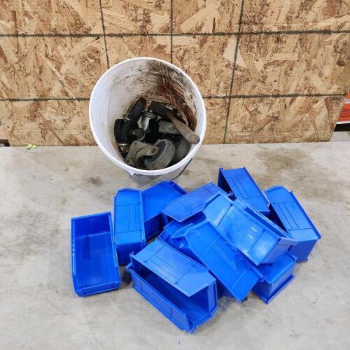 Various sized castor wheels, plastic bins