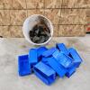 Various sized castor wheels, plastic bins