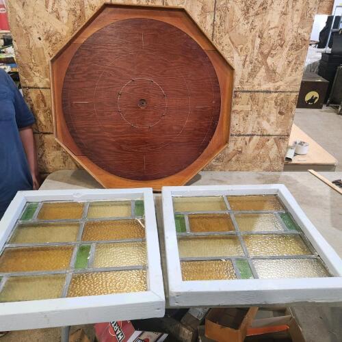 Crokinole board no buttons, 21" stained glass windows