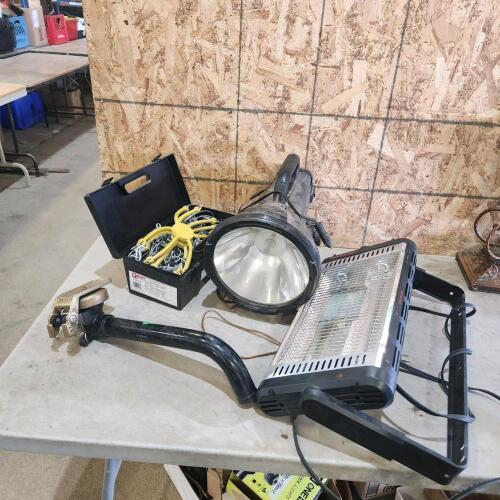 Tire chains, spotlight, heater
