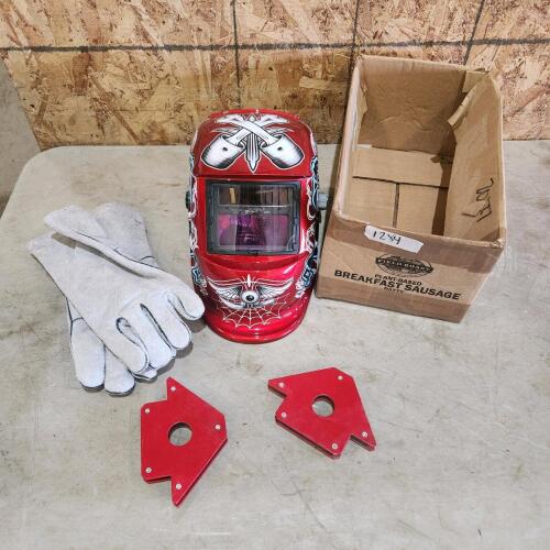 Auto darkening welding helmet, gloves