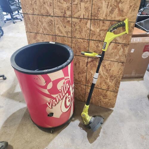 Rolling cooler w damage, ryobi trimmer tool only