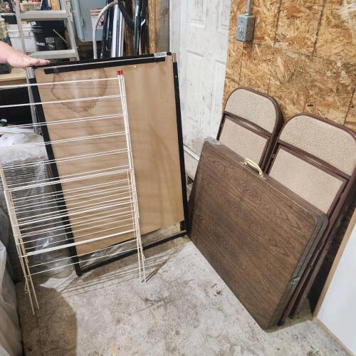 Flip chart, drying rack, card table, 2 chairs, 2'x5' metal folding table
