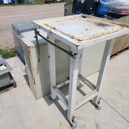 Various sized plastic tubs, steel shelf & table
