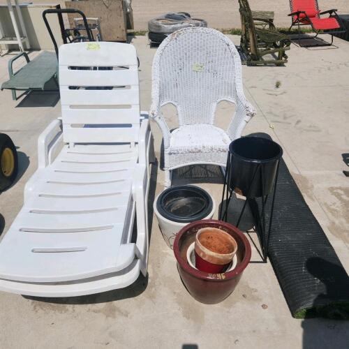 2 Lounge chairs, wicker rocker, planters