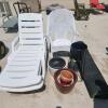 2 Lounge chairs, wicker rocker, planters