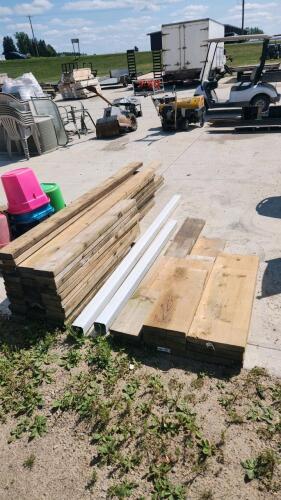 Various sized pressure treated and other wood, downpipes