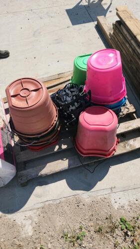 Horse hay bag, plastic water buckets
