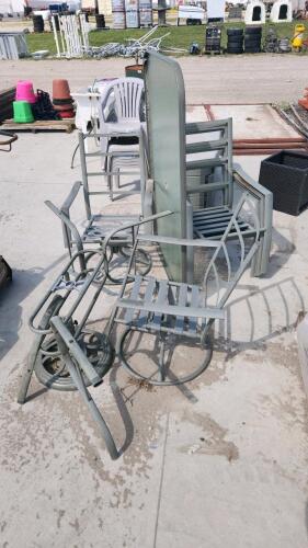 Patio table and 4 chairs with cushions, deck box