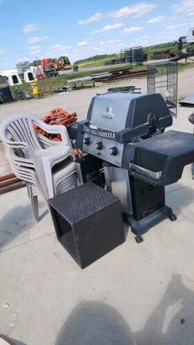 Gas bbq in rough condition, patio chairs, stool