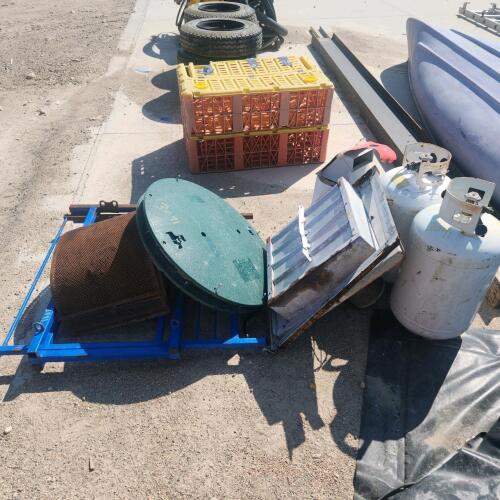 Hammer mill screens, 16" fan, empty bbq tanks, poultry feeder, etc.