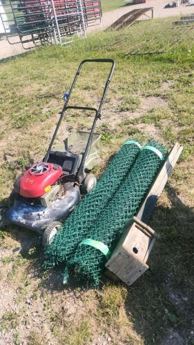 Lawn mower as is, 2 12'x5' chain link fences, bird house