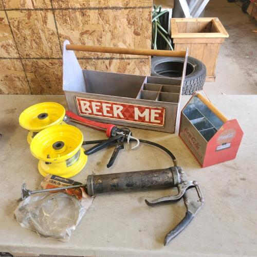Metal boxes, grease gun, 6" rims, etc