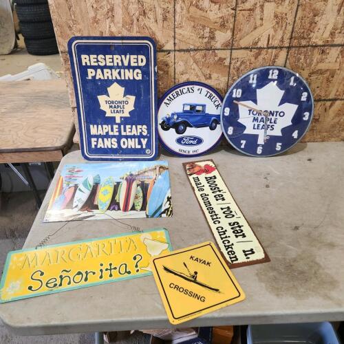 Various metal & plastic signs, maple leaf clock