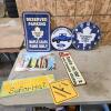 Various metal & plastic signs, maple leaf clock