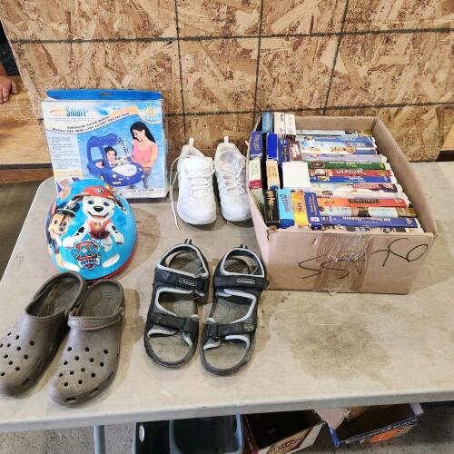 Sz 9.5 Running shoes, toys, VHS tapes