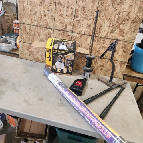 Puller, paint sprayer, chainsaw oil, weed cloth
