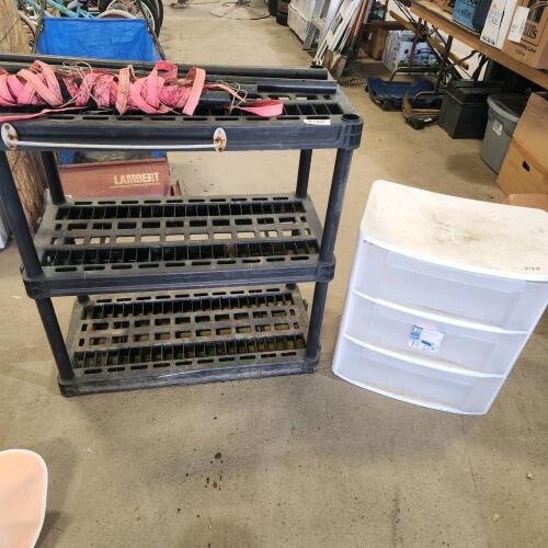 Plastic storage drawers, shelf, volleyball net