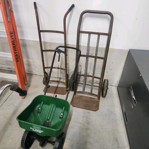 2 Dolly carts, fertilizer spreader
