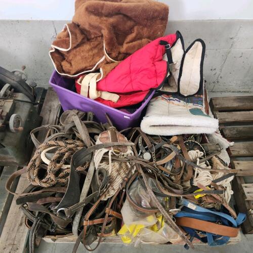 Skid of assorted horse blankets & harnesses