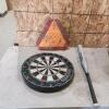 Alum bat, dart board, sign