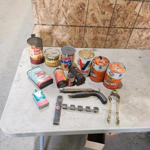 Full & empty oil cans, etc.