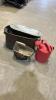 Copper tub w damage, watering can, grass seeder