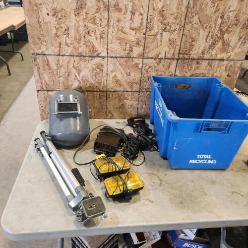 Tripod, fog lights, soldering guns, welding helmet