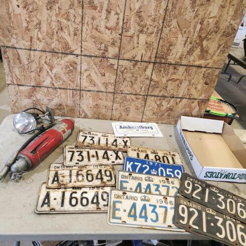 Vintage fire extinguisher, license plates