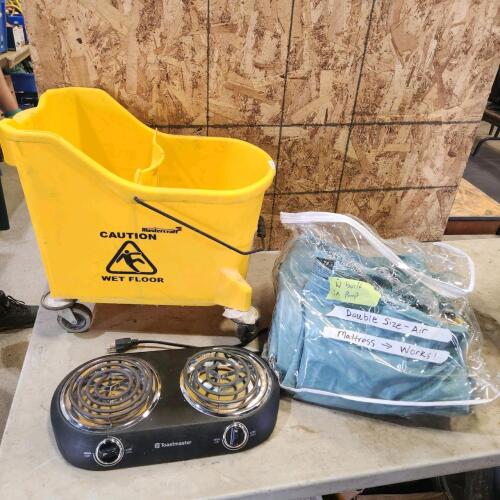 Mop bucket, double air mattress, hot plate