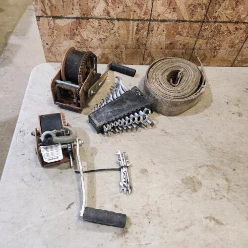 Hand winches, 3" straps, metric & SAE wrench set