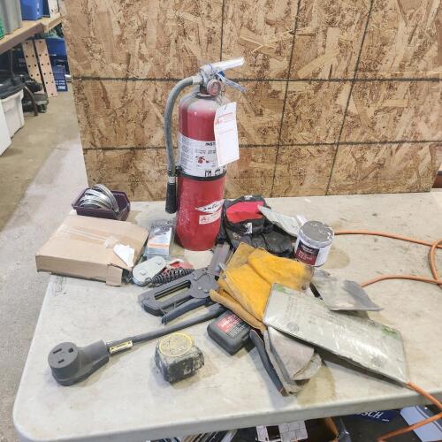 Charged fire extinguisher & various tools, etc