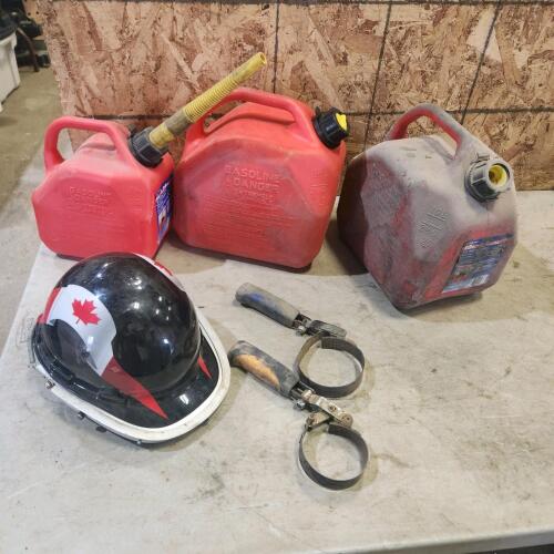 Gas cans, helmet, filter wrenches