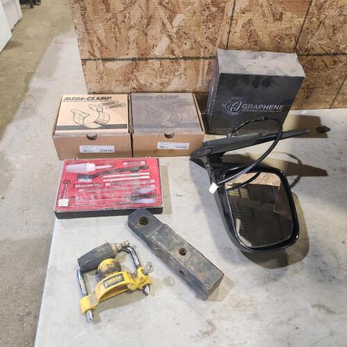 Muffler clamps, wire brushes, power truck mirror