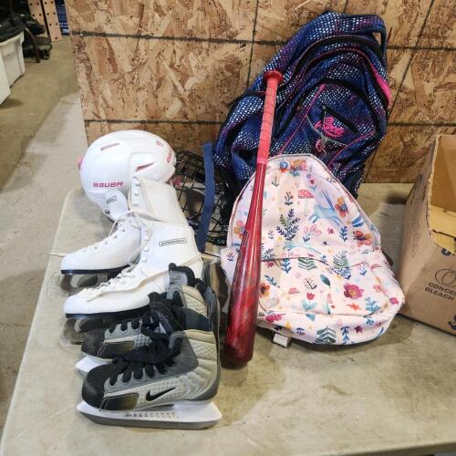 Sz 7 figure skates, sz 12 kids skates, backpacks, baseball bat