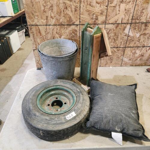 4.80-8 Wheel, metal buckets, bird feeder, etc