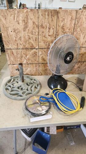 Desk fan, umbrella base, ext cord, etc