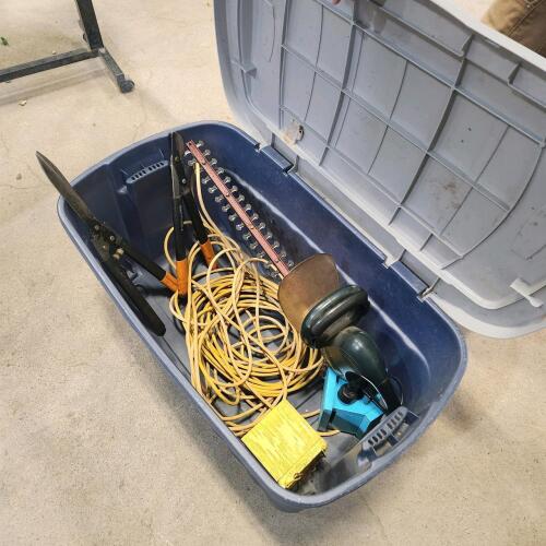 Electric hedge trimmer, ext cord, pruners