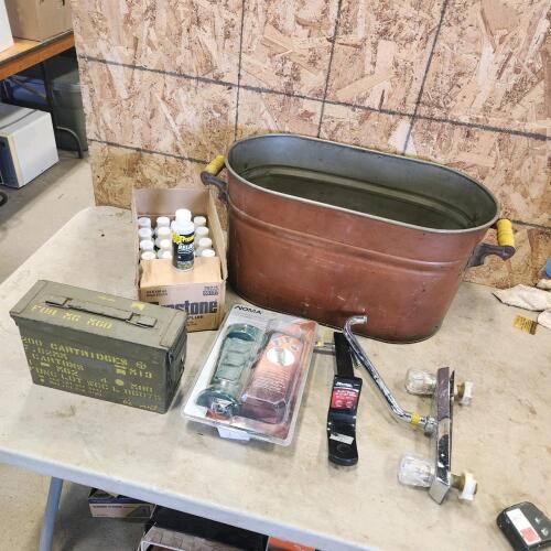 Ammo box, copper boiler 1 1/4" hitch, timer, etc.