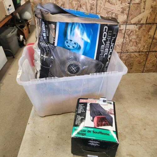 Lincoln hub caps, snowblower cover, buckets