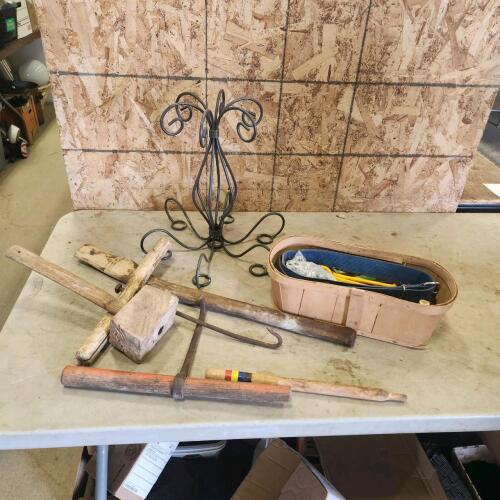 Bail hooks, wooden mallet, hardware, etc.