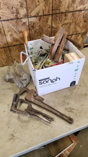 15" Pipe wrench, vice grips, misc hardware