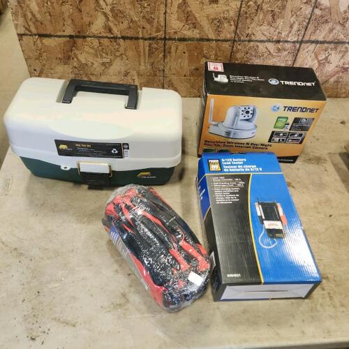 Wireless security camera, battery load tester, tackle box, gloves