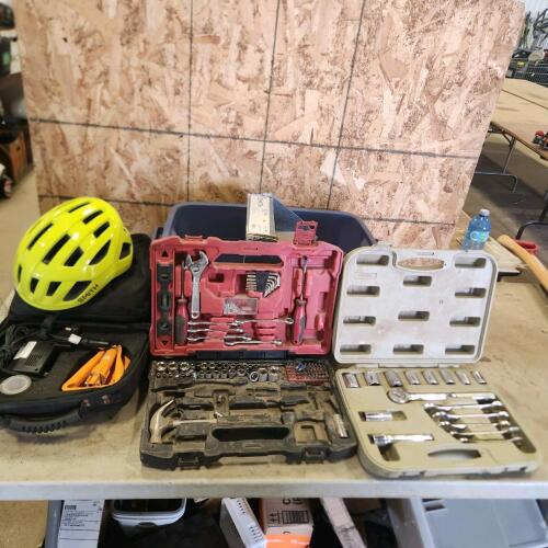 Roadside safety kit, bike helmet, assorted tools