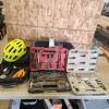 Roadside safety kit, bike helmet, assorted tools