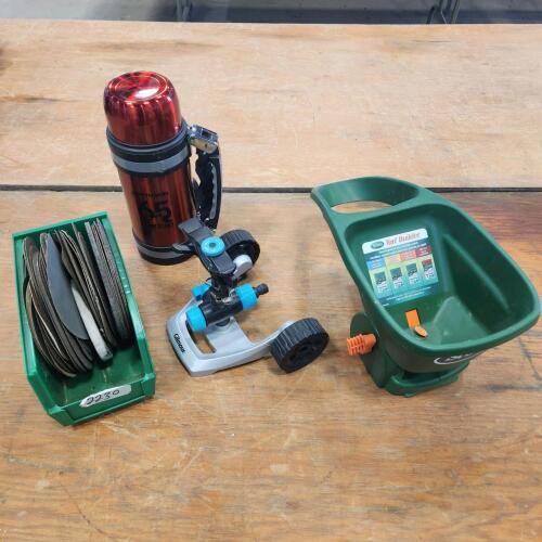Seeder, sprinkler, thermos, 6" sanding disks