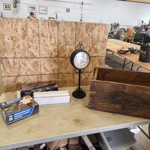 Clock, car vacuum, wooden crate, etc.
